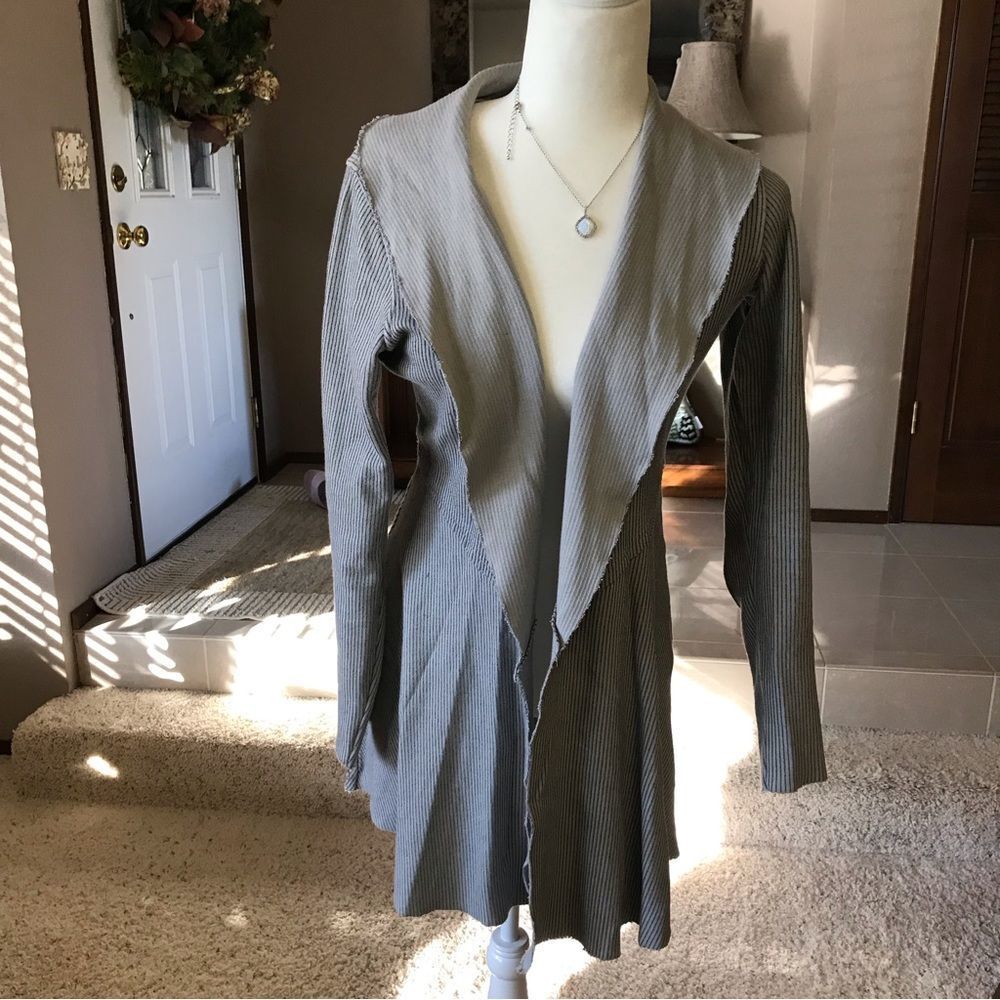 Cut loose Raw Hem Ribbed Open Front Cardigan Jacket Grey Small Lagenlook